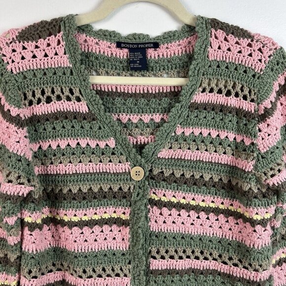 Boston Proper Crochet Cardigan Sweater M Cropped One Button Granny Cottagecore - Picture 2 of 10